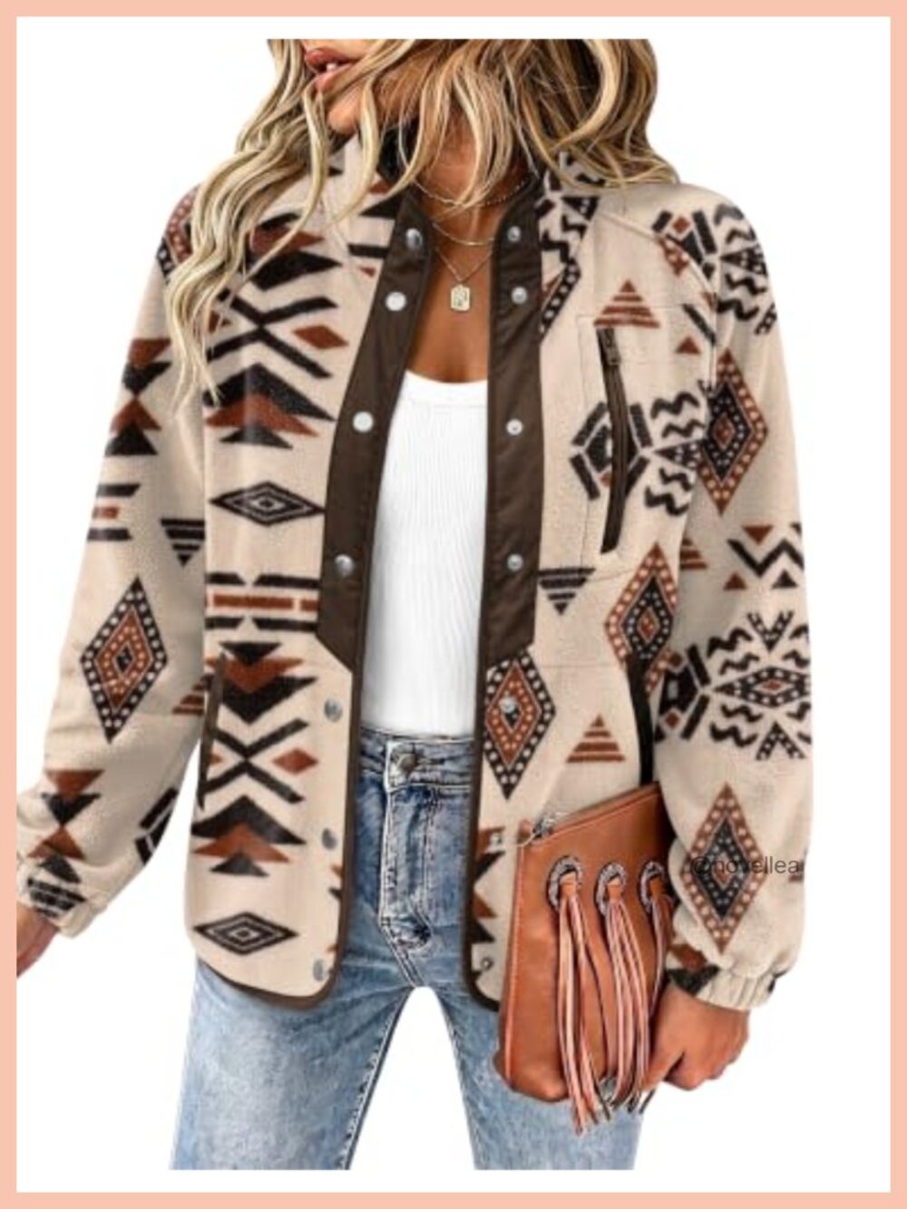 Women Fleece Jacket Western Aztec Print Snap Button Down Outerwear